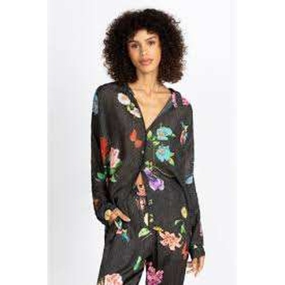 Johnny Was Blooming Seline Button Down Blouse Small 100% Silk Black Floral Boho